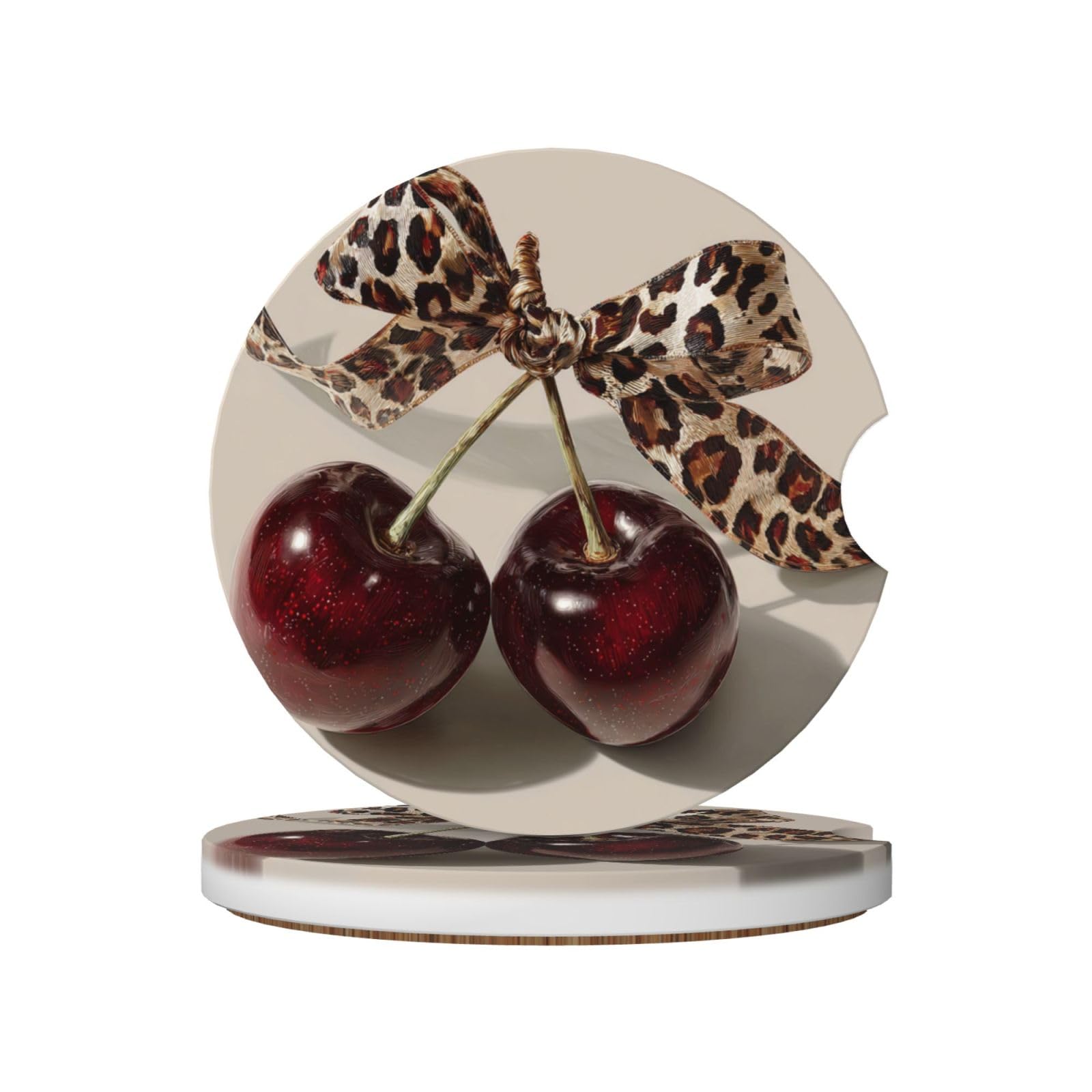 Vintage Cherry with Leopard Print Ribbon Bow Ceramic Coasters,2pcs