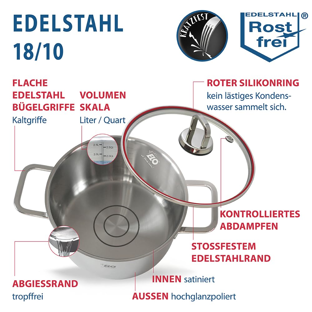 ELO Topfset Excellent 5-teilig, Edelstahl 18/10 - Induktion, Literskala | Volumenskala, Öl-Dosiersystem, Impactboden, spülmaschinengeeignet, backofenfest