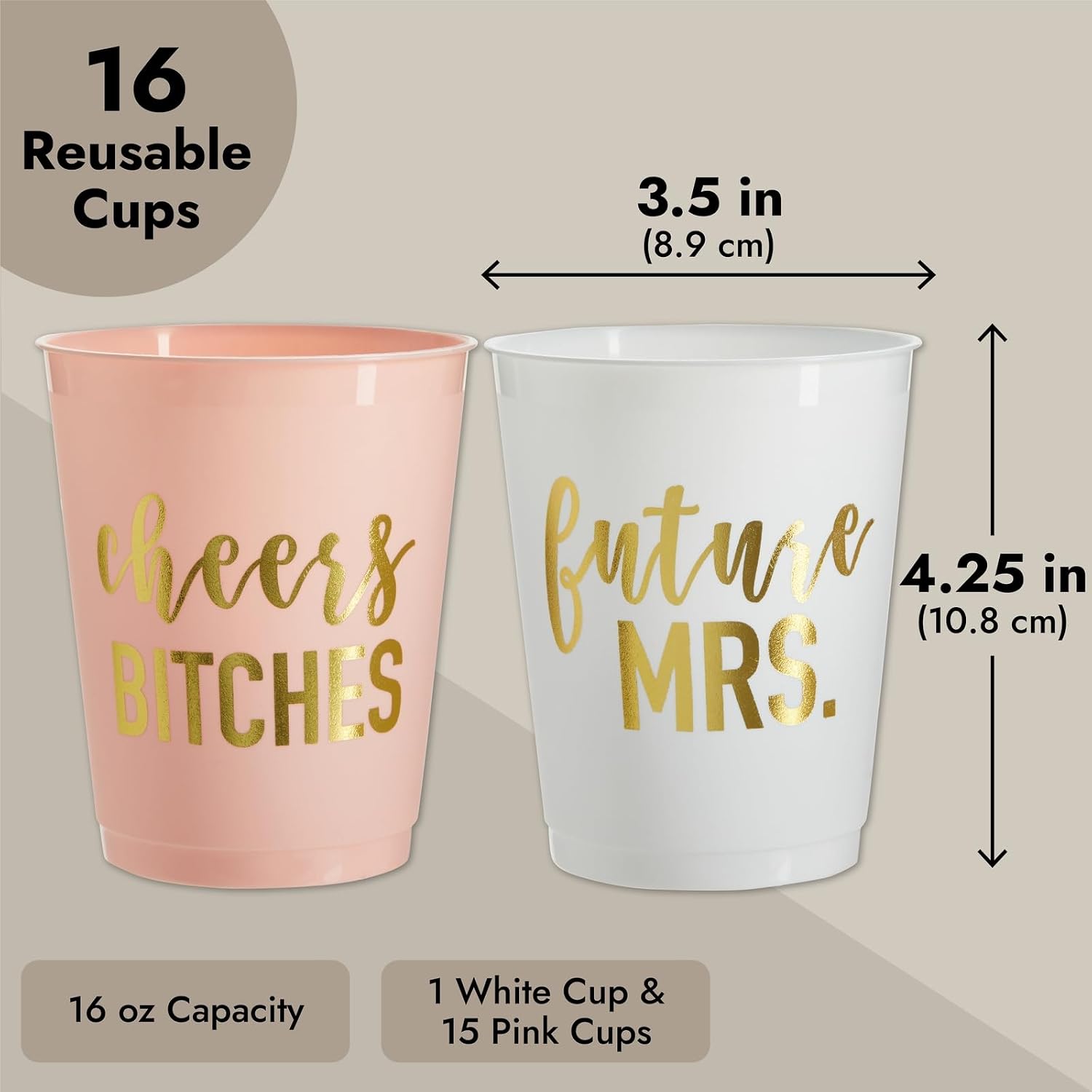BLUE PANDA Bachelorette Party Cups - 16 Pack, 16 Oz, Pink & White Reusable Plastic for Bachelorette Party Supplies & Favors, Bridesmaid Cups, Gold Foil Cheers & Future Mrs Script