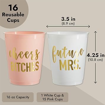 BLUE PANDA Bachelorette Party Cups - 16 Pack, 16 Oz, Pink & White Reusable Plastic for Bachelorette Party Supplies & Favors, Bridesmaid Cups, Gold Foil Cheers & Future Mrs Script