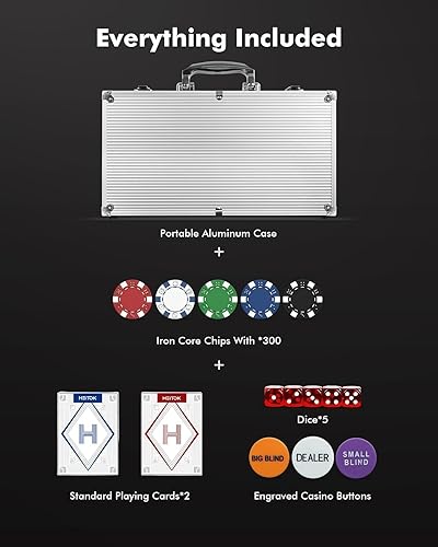 Miniatura 9 de Texas Hold'em Juego de fichas de póquer de 200 piezas con estuche de transporte de aluminio y chips de peso profesional más 5 dados de póquer