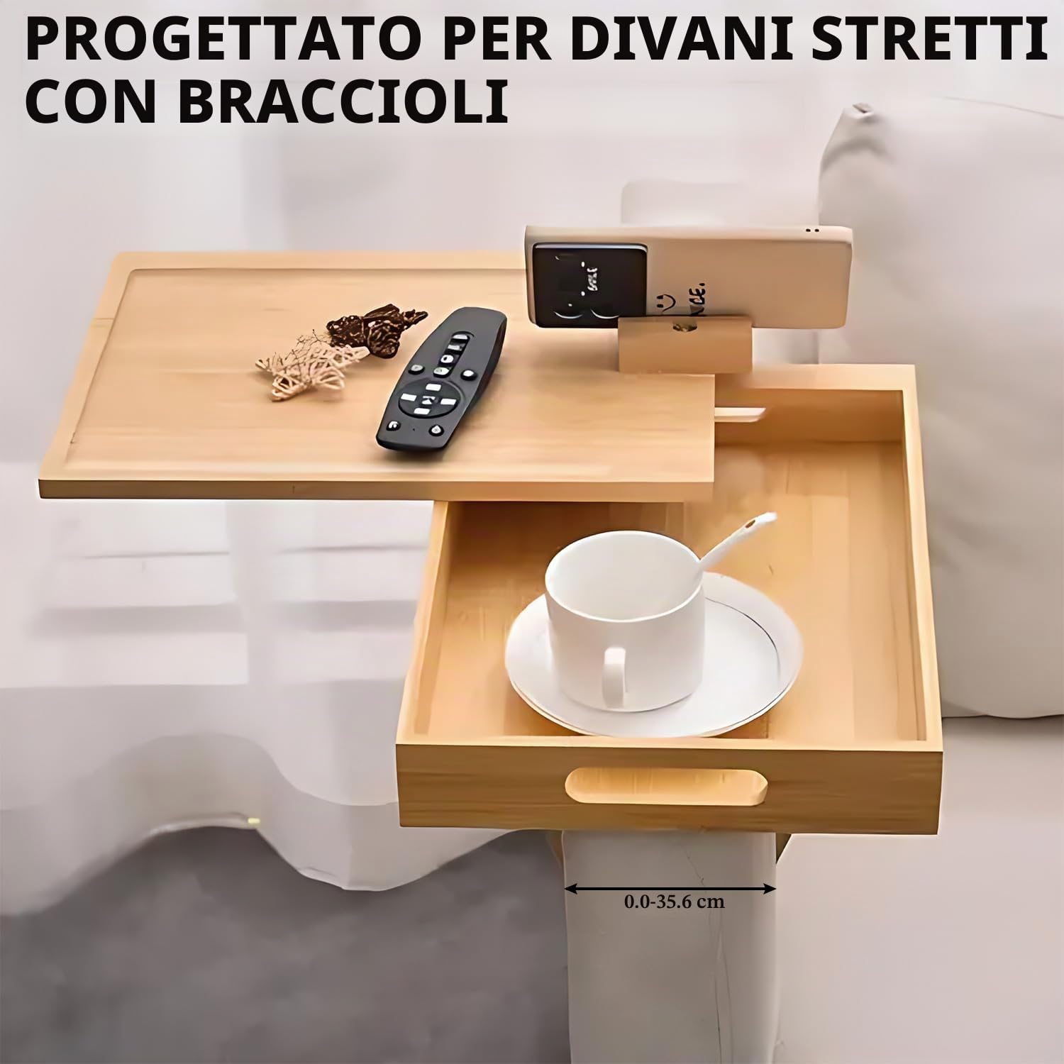 Braccioli da divano, vassoio flessibile in legno di bambù, supporto per bevande, bracciolo, a due piani, con piano girevole a 360° e supporto per cellulare per snack, telefoni cellulari, controller