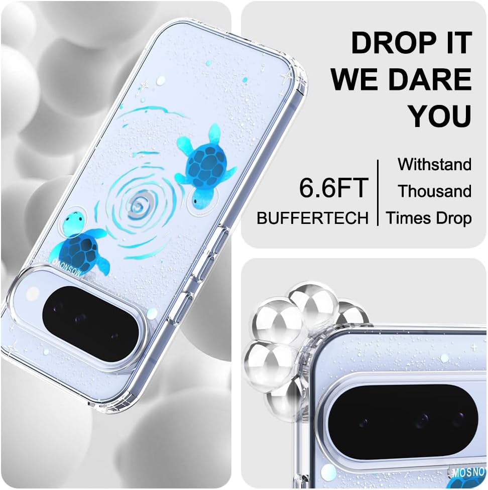MOSNOVO Case for Google Pixel 10 & Pixel 10 Pro, [Buffertech 6.6ft Military-Grade Drop Protection] [Anti Peel Off Tech] Clear TPU Bumper Phone Case Cover Design - Space Turtle