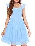 Girls Dresses Summer Square Neck Ruffle Sleeve Formal Party Birthday Tulle Dress 6-14 Years