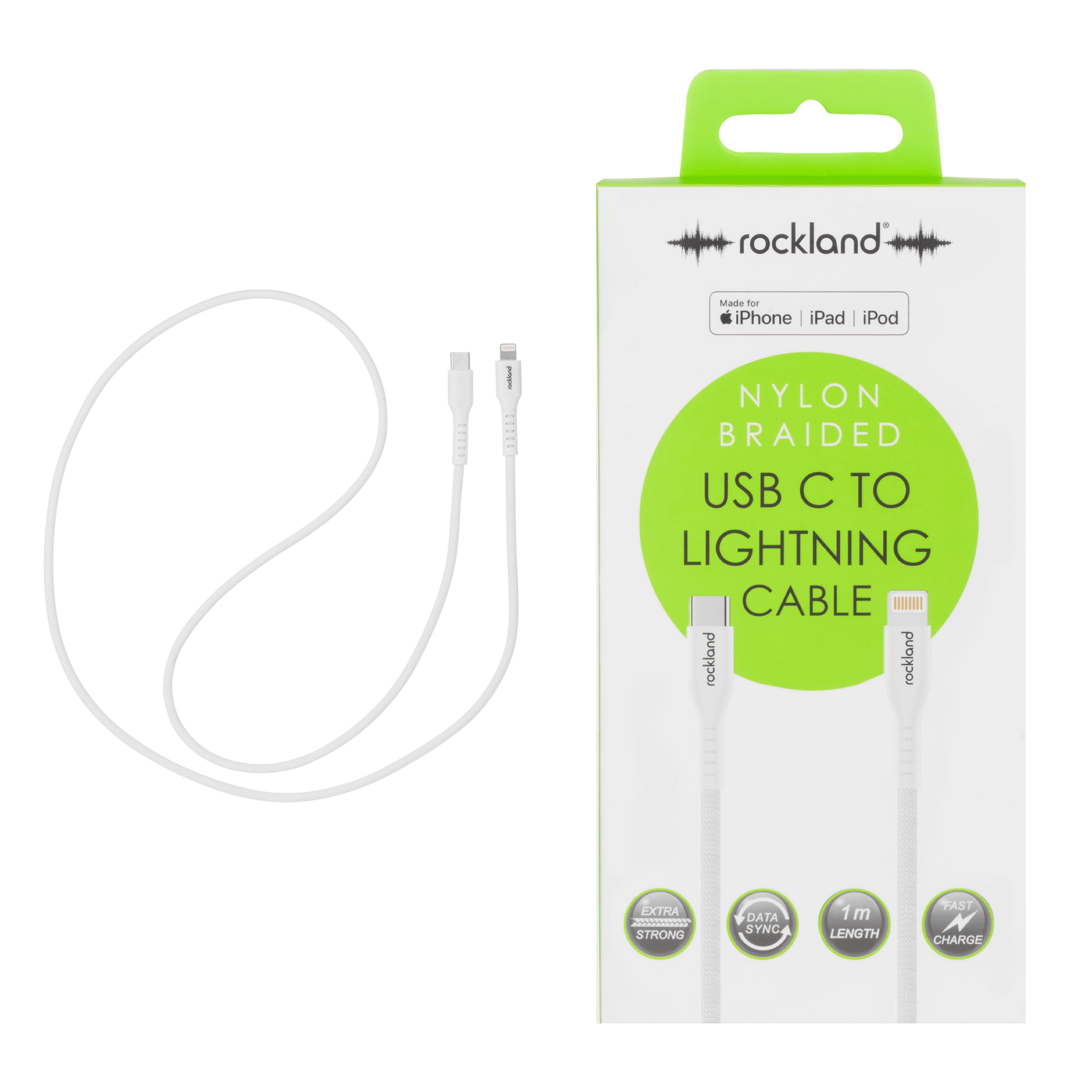 Rockland Nylon Braided USB C to Lightning Cable 1M, Fast Charging Cord, Durable Charger Cable, Data Sync