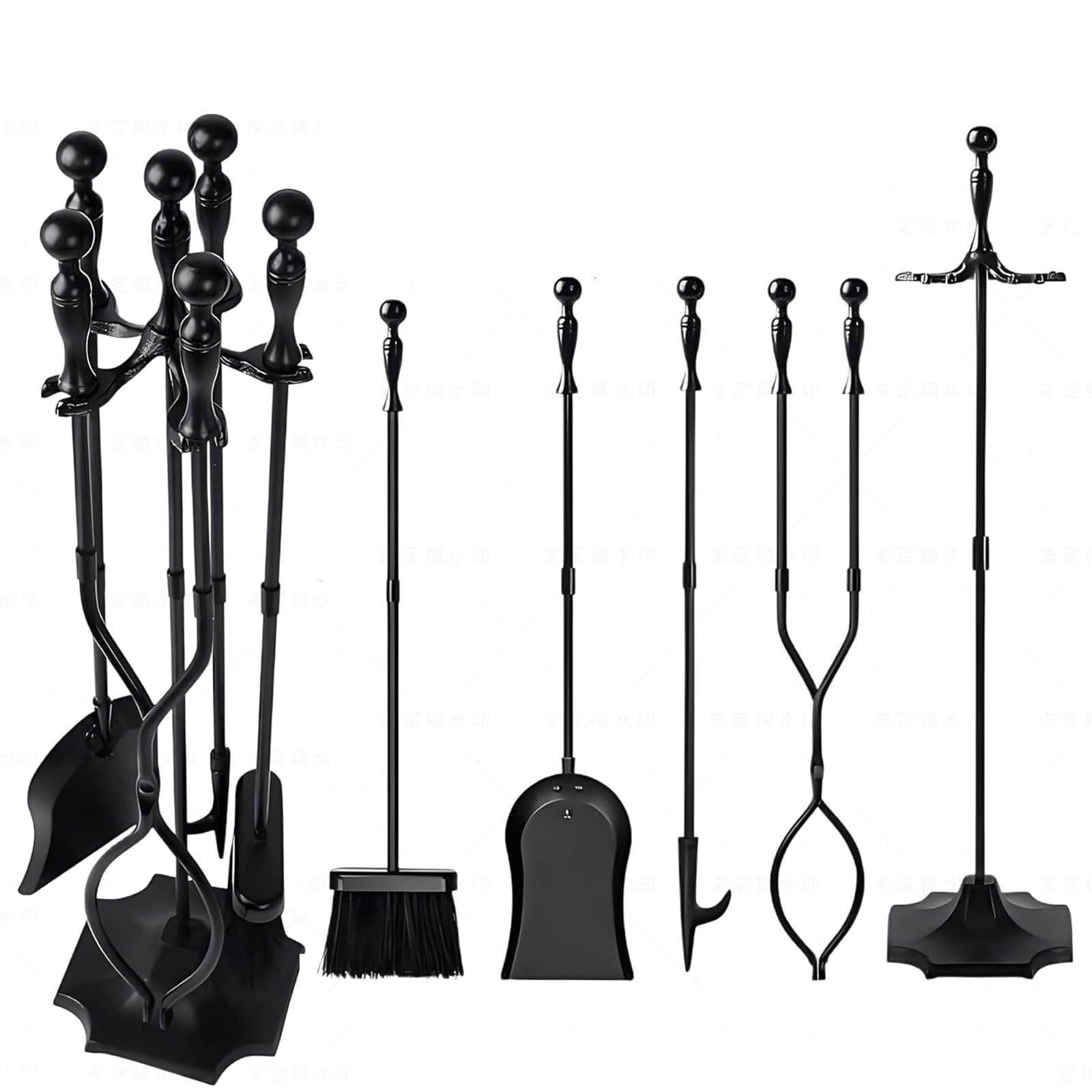 AMAGABELI Garden & Home Kaminwerkzeug-Set mit schwarzem Griff, Schmiedeeisen, großes Feuerwerkzeug-Set und Halter, Feuerstelle für den Außenbereich, 5 Stück