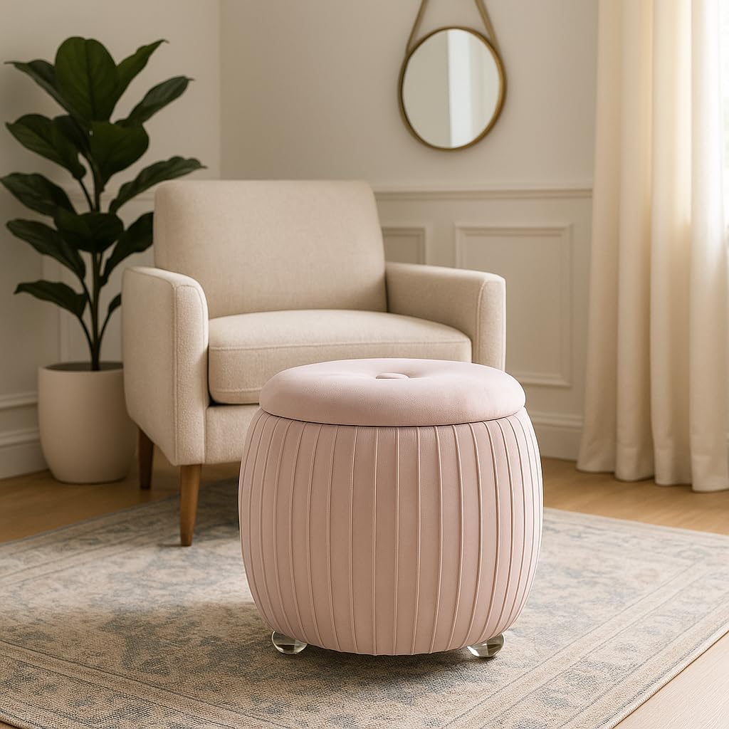 Home Decor Vanity Chair – Stylish Pink Ottoman with Storage – Bedroom Stool and Foot Rest Ottoman – Upholstered Seat with Hidden Storage for Modern or Classic Décor Living Room Furniture – 18", Pink