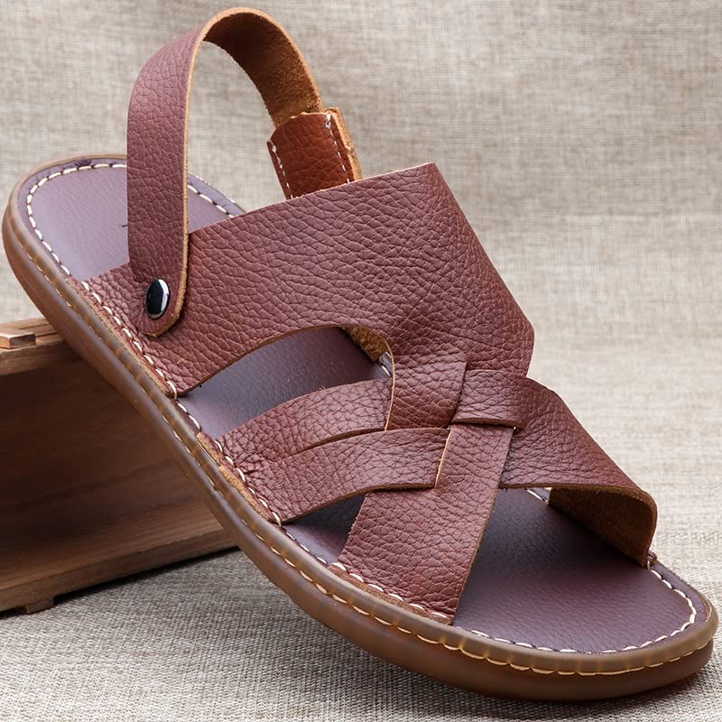 Men's Soft PU Leather Sandals Men Beach Slippers Outdoor Casual Holiday Male Retro Casual Shoes(White-Patch Five-Pointed star4,43 Code)4