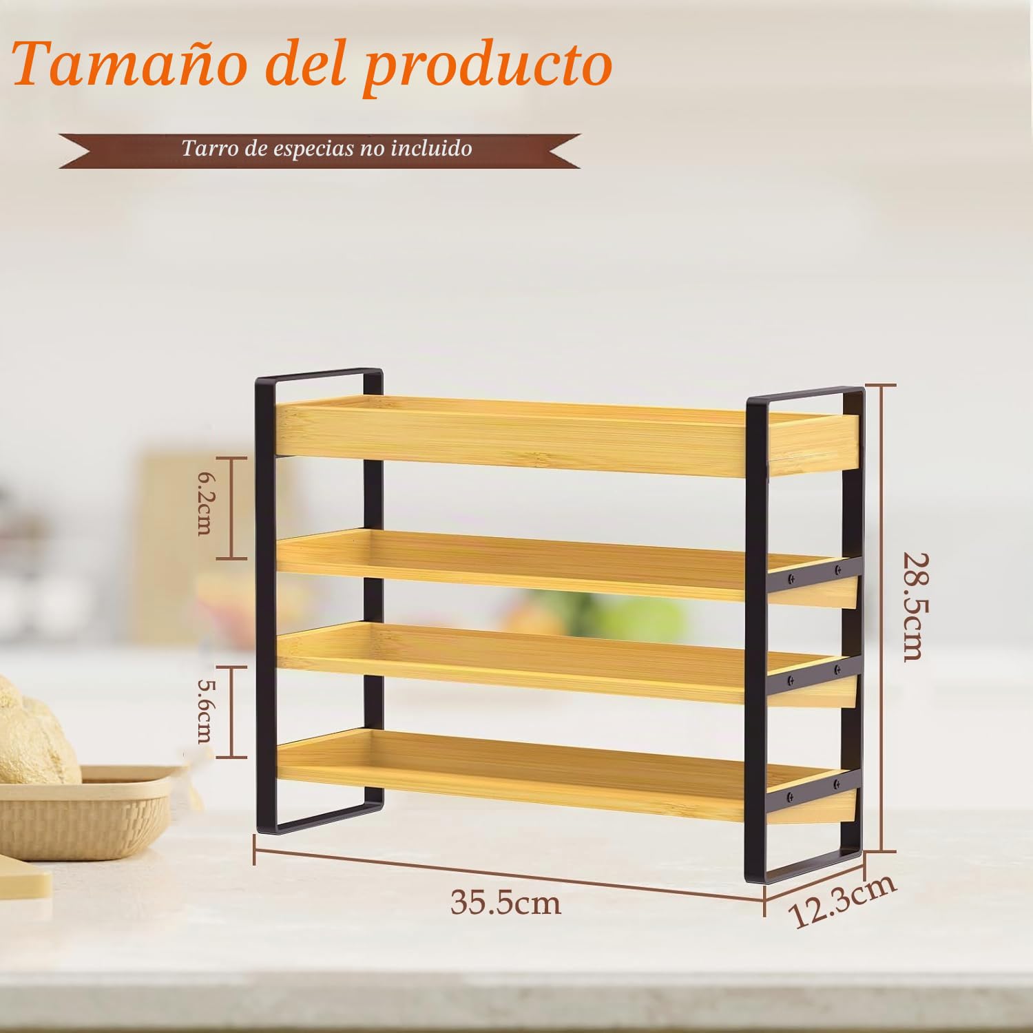 Especiero de Madera de 4 Niveles, Especiero de pie, para 35 Botellas de Especias (Vidrio no Incluido) para Cocinas, armarios, despensa, encimera, Organizador Especias.
