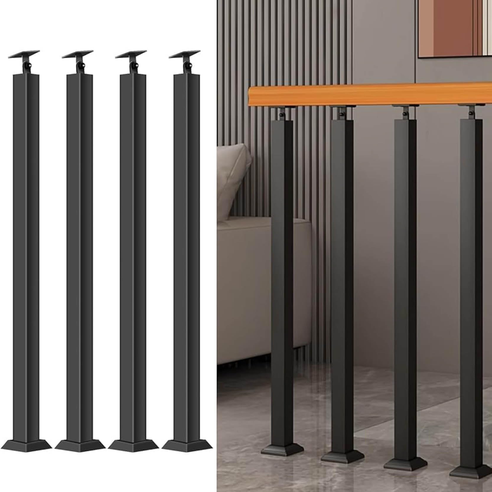 GOUZIBHD Indoor Railing Kits Square Stair Baluster Posts,4 Pack Banister Column,270° Adjustable Staircase Handrail Metal Railing Spindles for Balconies Gardens Attics(Size:90cm/35.4in,Color:Black)