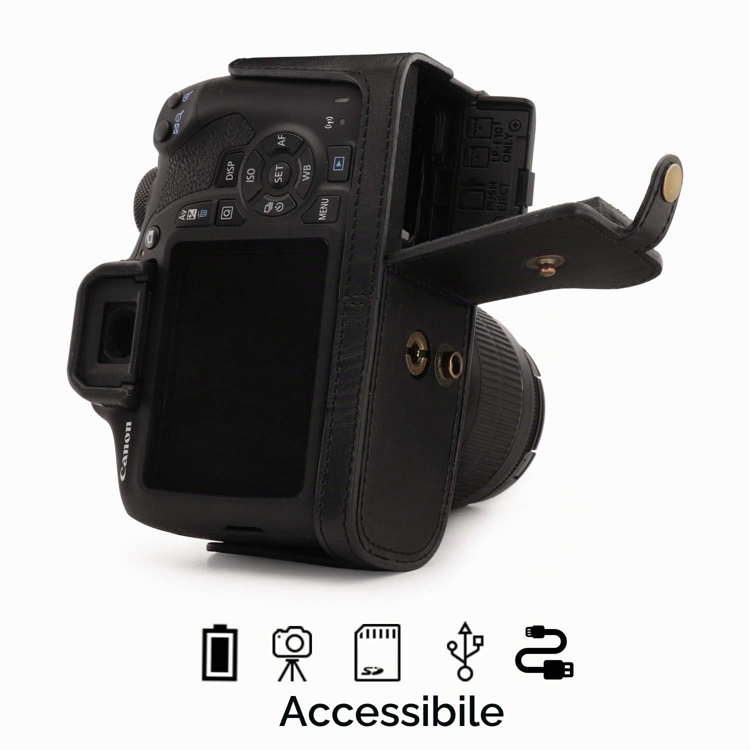 MegaGear Ever Ready - Custodia in pelle per fotocamera compatibile con Canon EOS 2000D (18-55 mm)