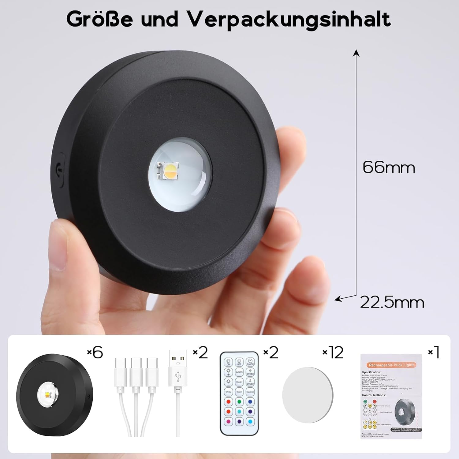 Iluminación LED para armario (recargable por USB, redonda, iluminación de armario, batería LED, 6 unidades)