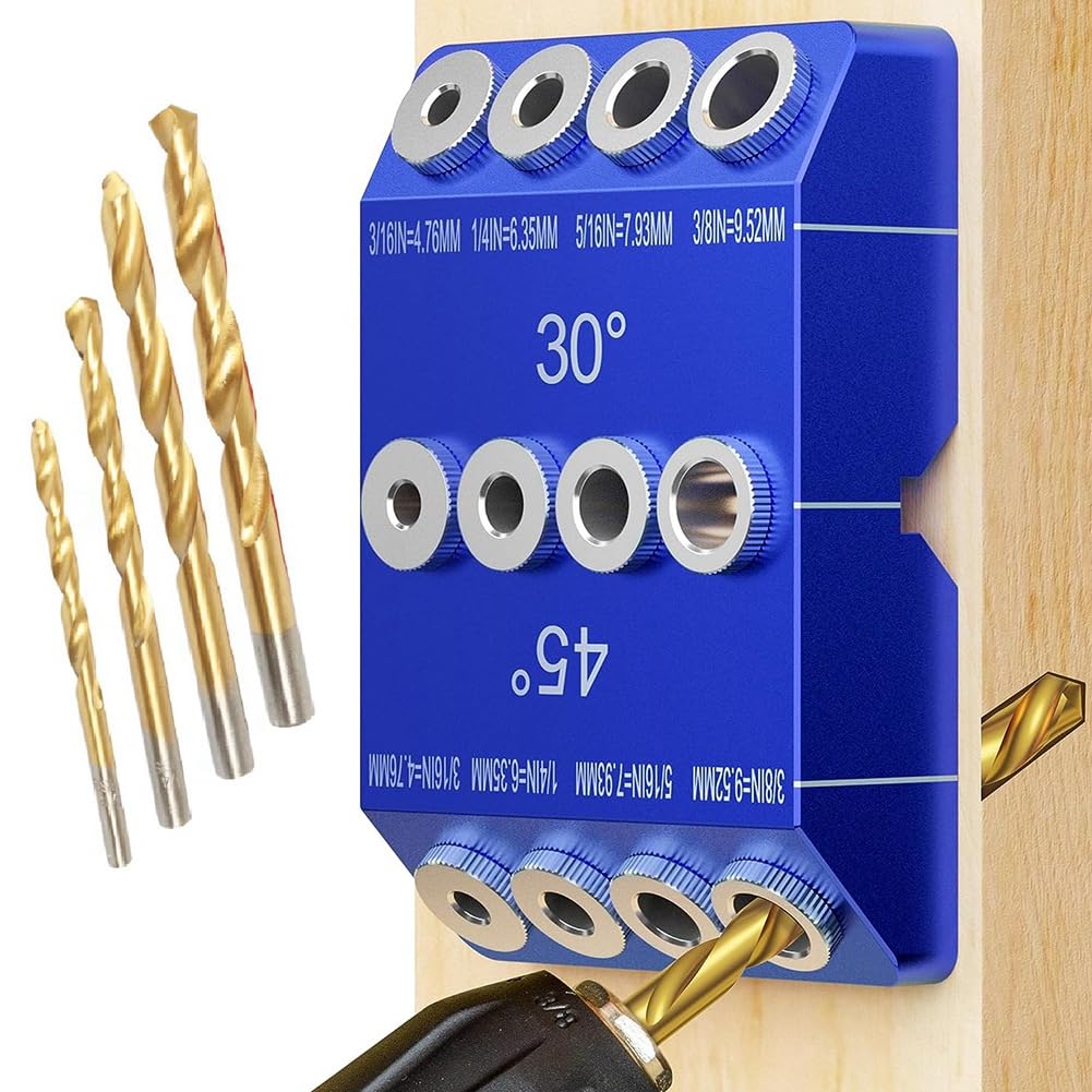 Yuikome 30 45 90 Degree Angle Drill Guide Jig, Drill Jig for Angled Holes and Straight Hole with 4 Sizes Steel Drill Bits Easy Install Easy to Use
