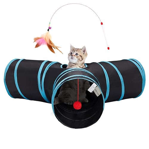 Tempcore Pet Cat Tunnel Tube Cat Toys 3 Way Collapsible, Tunnels for Indoor Cats，Kitty Bored Peek Hole Toy Ball Cat, Puppy, Kitty, Kitten, Rabbit - 3-Way - 3-Way Blue