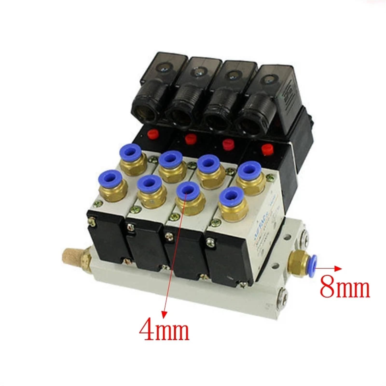 4V210-08 1/4 cala DC 12 V/24 V AC110 V/220 V poczwórny zawór elektromagnetyczny tłumiki szybkozłączki zestaw podstawowy (szybkozłączki 4 mm, DC 12 V)
