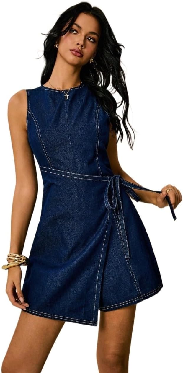 Rompers for Women Summer 2026 Denim And Jumpsuits Wrap-Around Side Waist Tie Sleeveless Jumpsuit