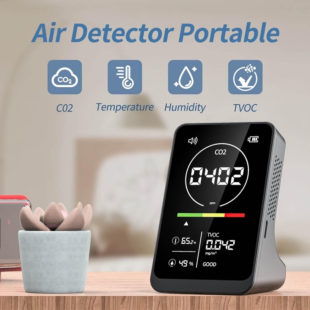 Detector de Gas, Medidor de Calidad del Aire 4 en 1, medidor de CO2, probador TVOC, Sensor Detector de Temperatura y Humedad portátil