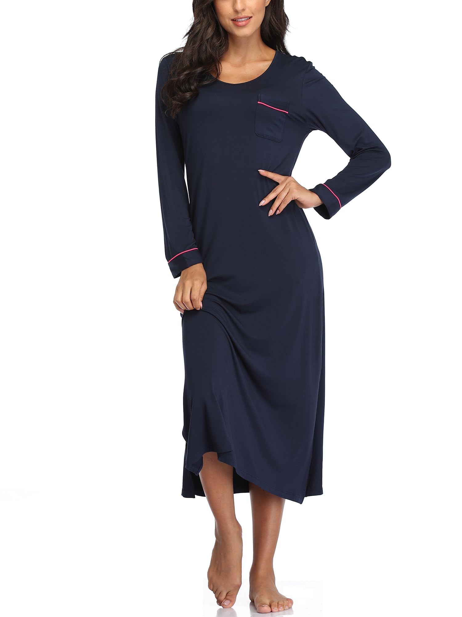 EA'S SECRET Nightgowns for Women Long Sleeve V Neck Nightshirts Soft Knit Sleepwear Full Length Loungewear with Pocket