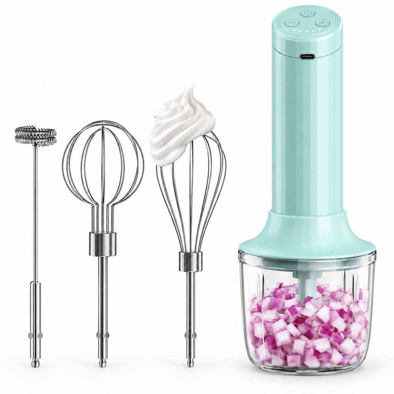 Cordless Hand Mixer, 4-in-1 Handheld Electric Mixer with Electric Whisk Frother &amp; 10 oz Mini Food Chopper, USB-C Rechargeable 4-Speed Hand Mixer for Eggs, Cream, Coffee &amp; Small-Batch Prep
