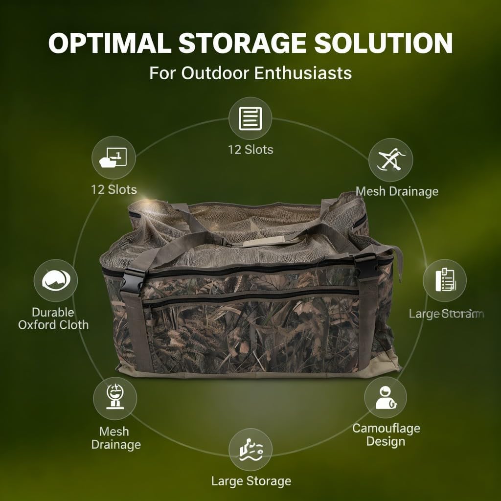 Duck Decoy Bag Cloth 12 Slotted Waterfowl Goose Decoy Bag with Mesh Cover, Camouflage - Heavy Duty, Mesh Drainage System, for Outdoor Camping