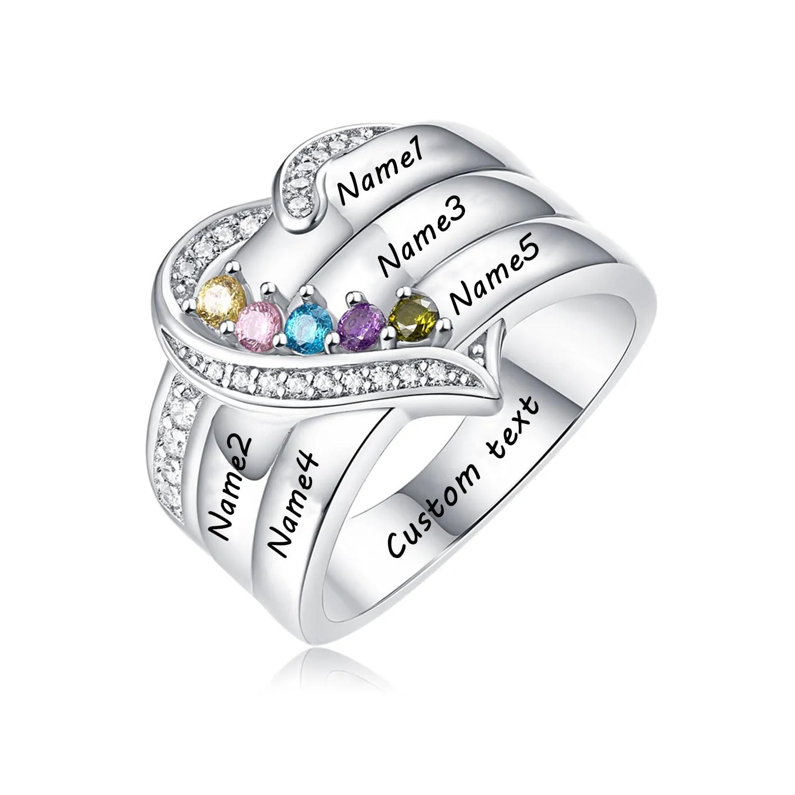 10K/14K/18K Gold Natürlicher Diamant Herz Namensringe mit Geburtssteinen Personalisierte Mutter Geburtsstein Ring Individuell Gravur 1-5 Namen Weihnachtsgeschenk für Ihre Frau