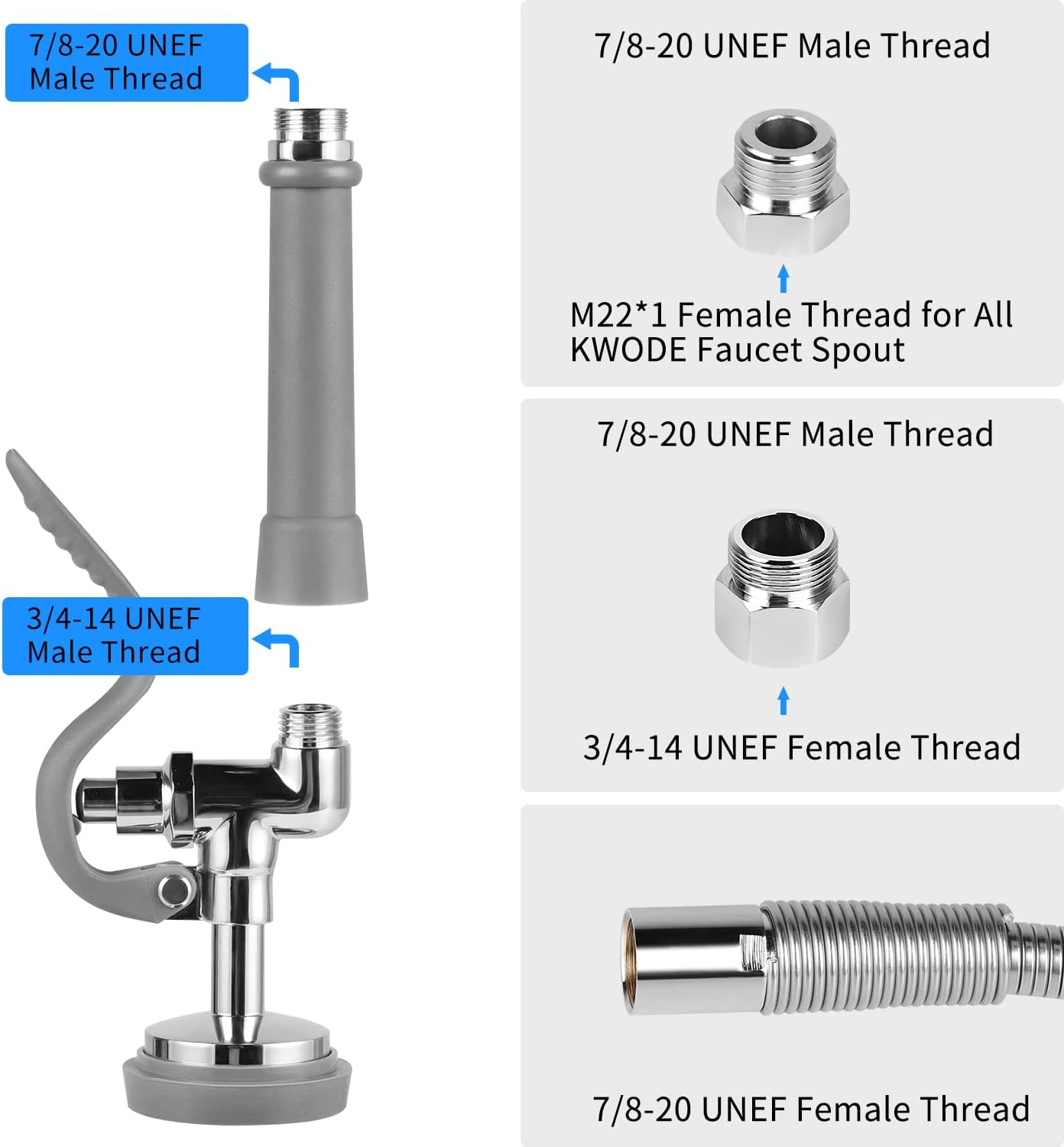 KWODE Spray Valve with Pre-Rinse Hose 60”Flexible Stainless Hose with High Pressure Pre Rinse Sprayer Nozzle Head Assembly Kit for Commercial Restaurant Industrial Kitchen Faucet