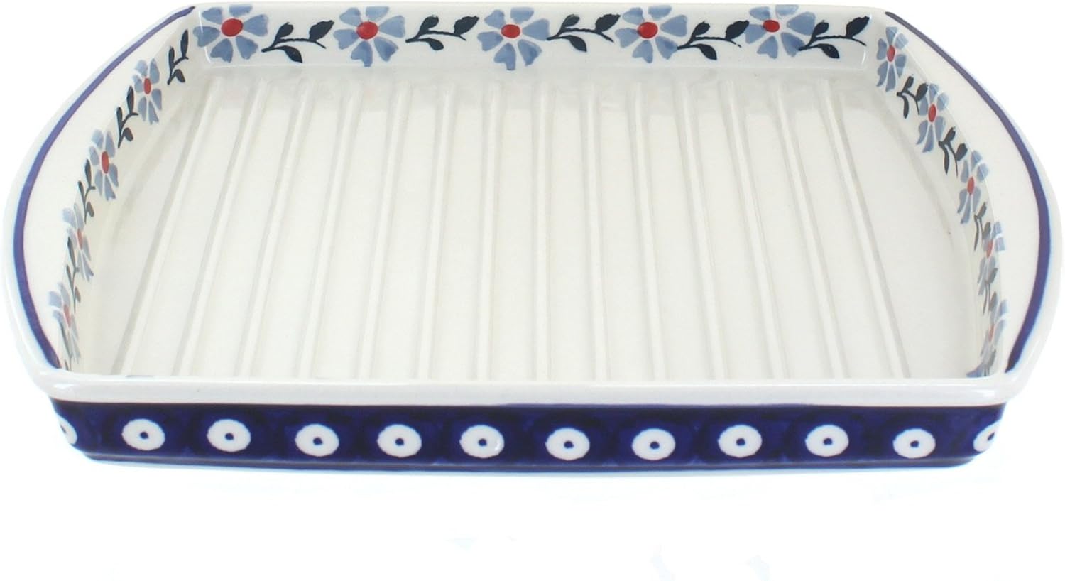 Blue Rose Polish Pottery - Orange Garden Bouquet Bacon Cooker - 10.25" x 8.25" - Ceramic Microwave Dish for Cooking Bacon