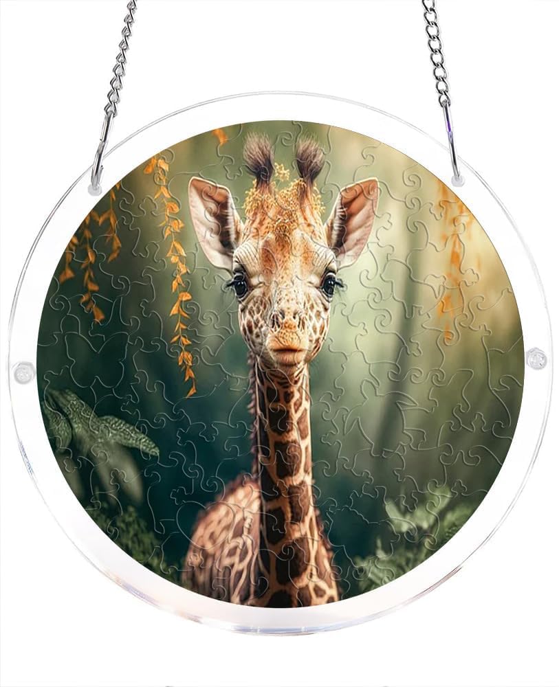 Giraffe in Forest Wildlife Acrylic Jigsaw Puzzles Suncatcher, 8.2 Inch Window Hanging Suncatcher Acrylic Puzzle, DIY Home Decor Art Gift