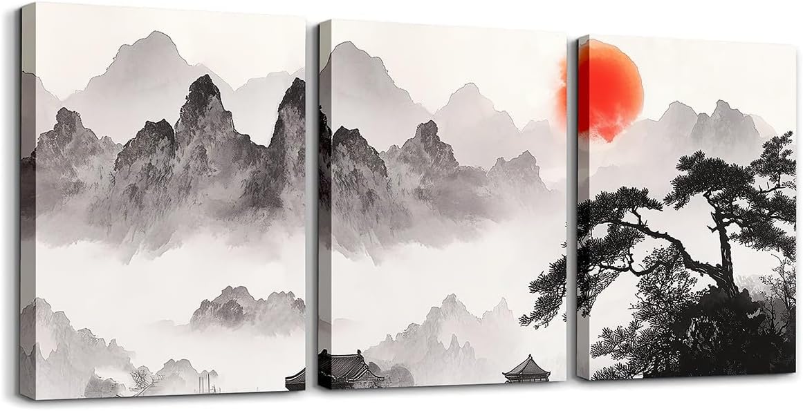 Pink Cherry Blossom Framed Pictures Wall Decor Snow Mountain Landscape Paintings Dining Room Wall Decor Spring Japanese Style Poster Wall Art Decorations for Bedroom Set of 3