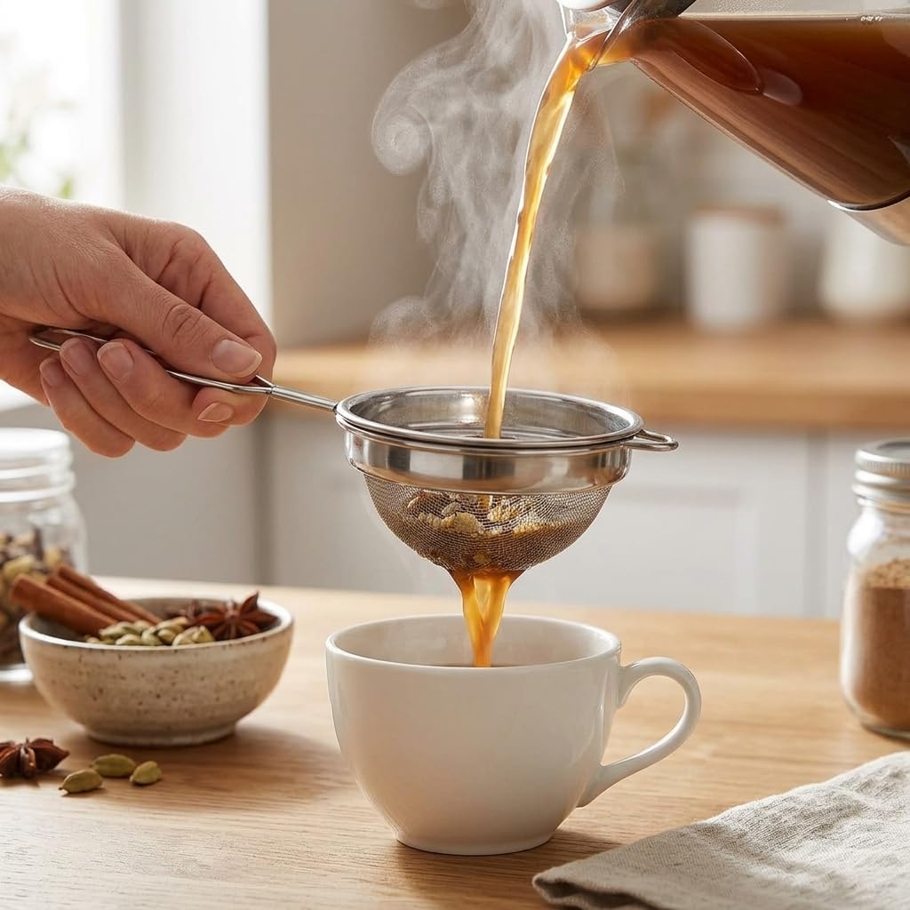 3-Inch Stainless Steel Tea Strainer with Handle – Fine Mesh Loose Leaf Tea Filter for Chai, Coffee & Juice – Rust-Proof, Dishwasher Safe, Round Sieve Strainer