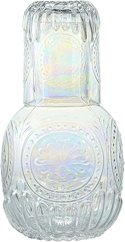 Jarra de Agua para Mesita de Noche de Cristal Retro Transparente con Vaso, Jarra de Cristal en Relieve y Juego Nocturno con Taza