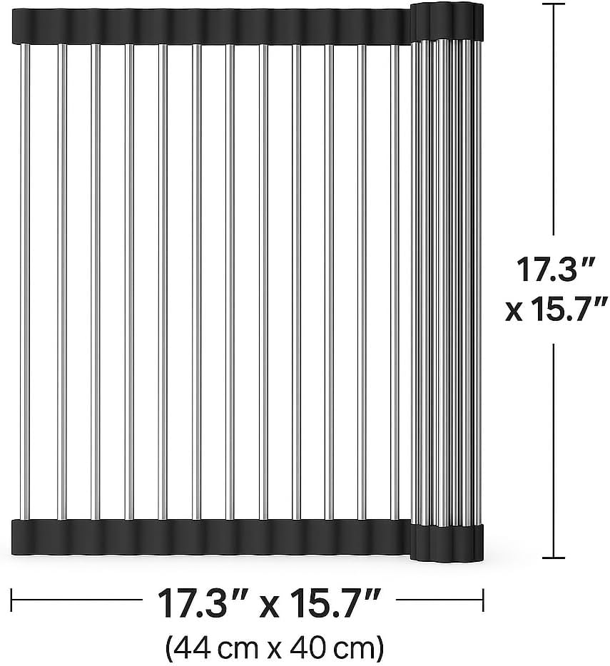 Over Sink Dish Dryng Rack - Roll Up Stainless Stell & Silicone Drying mat, Heat Resistant, Non-Slip & Foldable, Space Saving Kitchen Organizer (17.3"x 15.7")(Black)