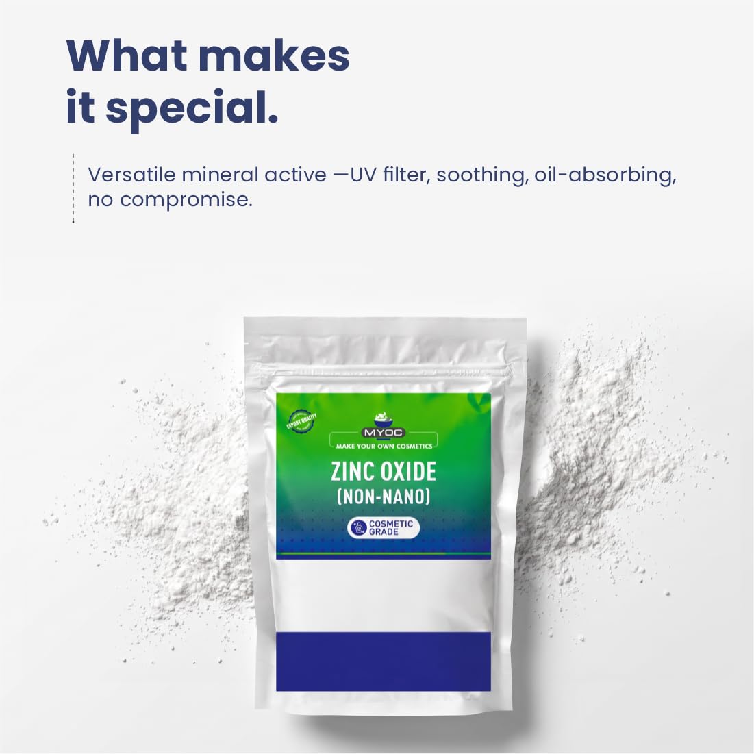 MYOC Pure & Fine Cosmetic Grade Quality White Zinc Oxide (ZnO) Powder Nano-Sized Particles for DIY Personal and beauty care Raw Material Ideal for SPF sunscreen Diaper Rash Cosmetics in Babies- 110 GM 2