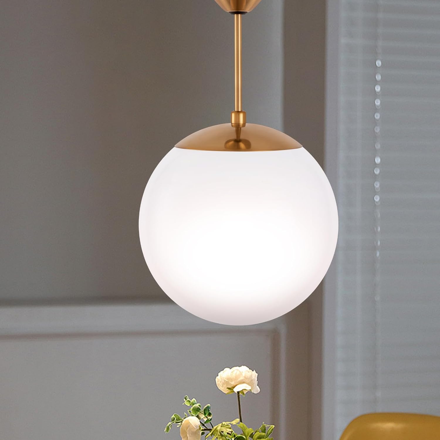 Modern Pendant Light Fixture Pendant Light 1-Light Mid Century Chandelier Large 10” White Globe Glass Shade Black Finished Hanging Light Fixture for Kitchen Island Dinning Room