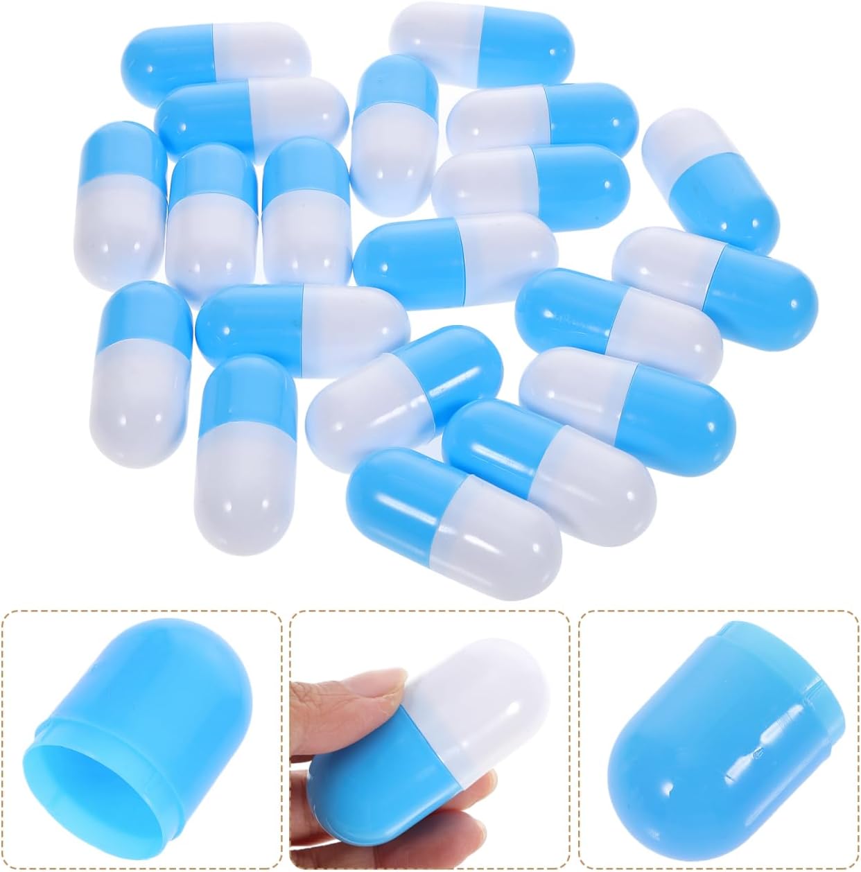 BESTonZON 20 Pcs Blue Fake Pills Empty Capsules Toy, Plastic Pill Models for Kids Pretend Play Doctor Kit, Novelty Party Favors Giveaways
