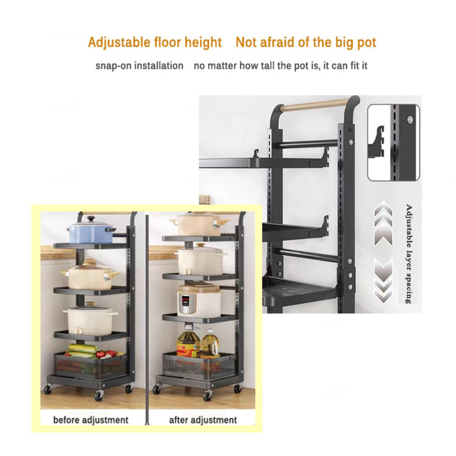 Soporte para ollas y sartenes de cocina con diseño expandible, color negro, 5 tablas, 4 ganchos y 1 cesta para tapa de armario, solución de almacenamiento