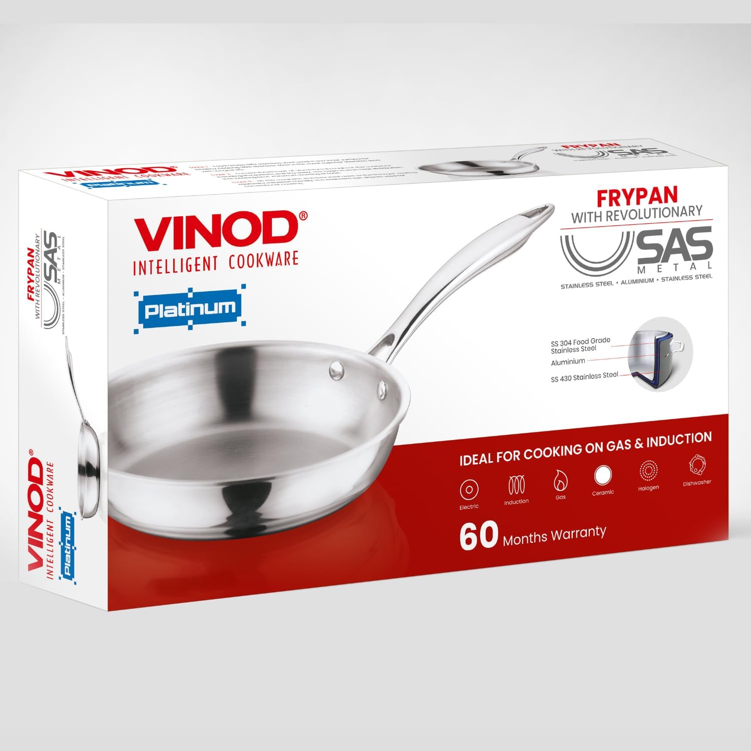 Vinod Platinum Triply Stainless Steel Frypan 24 cm | 2.5 mm Thick | Steel Pan | Scratch Resistant, Non Toxic | | Induction & Gas Friendly, Heavy Bottom