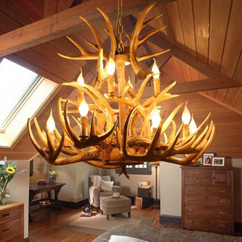 Lustre en bois de cerf double couche marron à 12 lumières pour salon - 7
