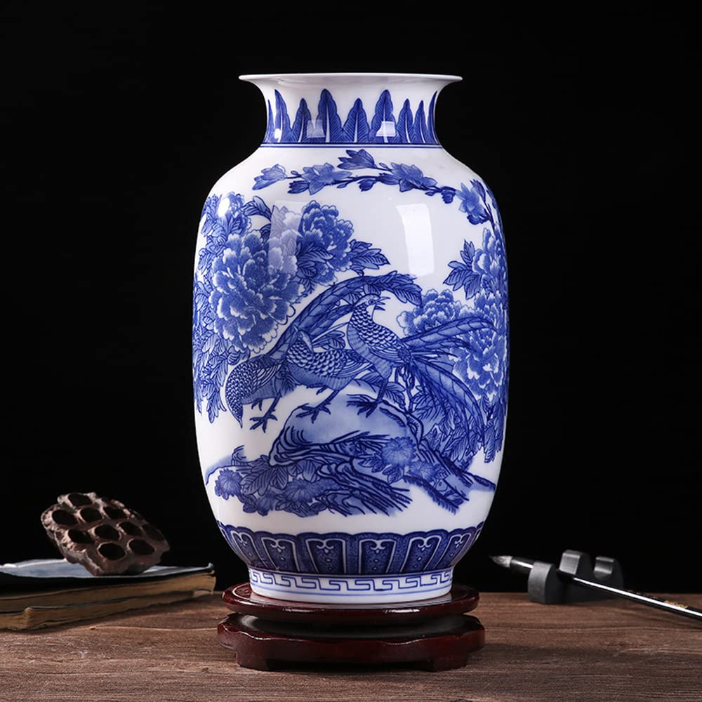 asdchZen Jingdezhen Chinoiserie Blue And White Porcelain Vase,Handmade Phoenix Plum Ceramic Vase For Flowers,Decorative Vase