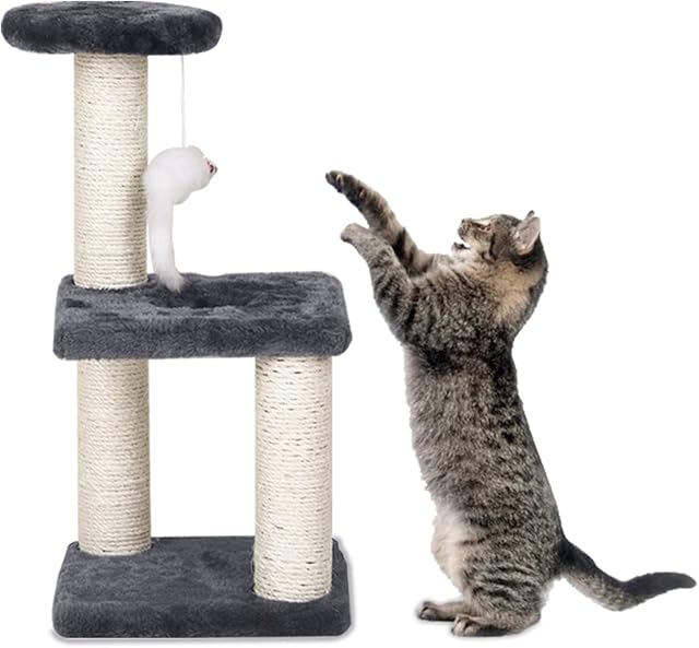 Small Cat Tree with Sisal Scratching Pole, Cat Toys for Indoor Cats, Cat Scratching Post with Cat Interactive Toy, Easy Installation Cat Tower for Small Cat (Grey)