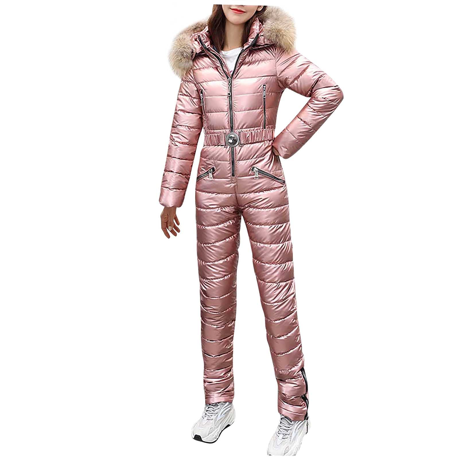 IQYU Tuta da sci da donna, tuta da neve, impermeabile, con cappuccio in pelliccia, giacca da snowboard, giacca da sci lunga, giacca da sci termica, giacca da neve calda, set da sci