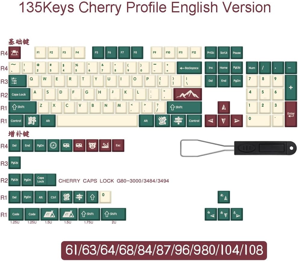 Green White Red Camping Color Design Keycaps for Cherry Mx Switch Mechanical Keyboard Cherry Profile Japanese Character Key Caps