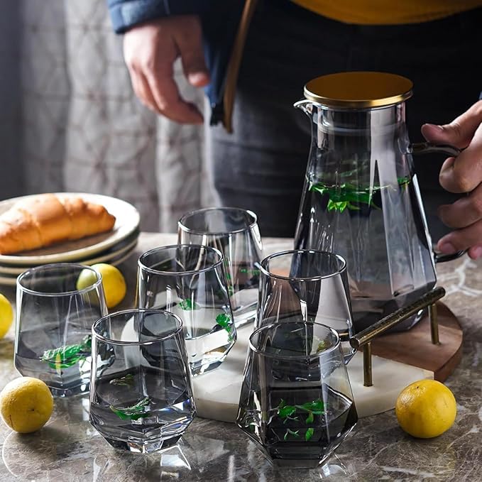 bellemax Smoky Grey Glass Water Jug and Juice Glasses (1 Jug + 6 Glasses) | Premium Glass Water Serving Set with Golden Lid | Modern Juice, Water, Mocktail & Beverage Pitcher Set of 7-image-13