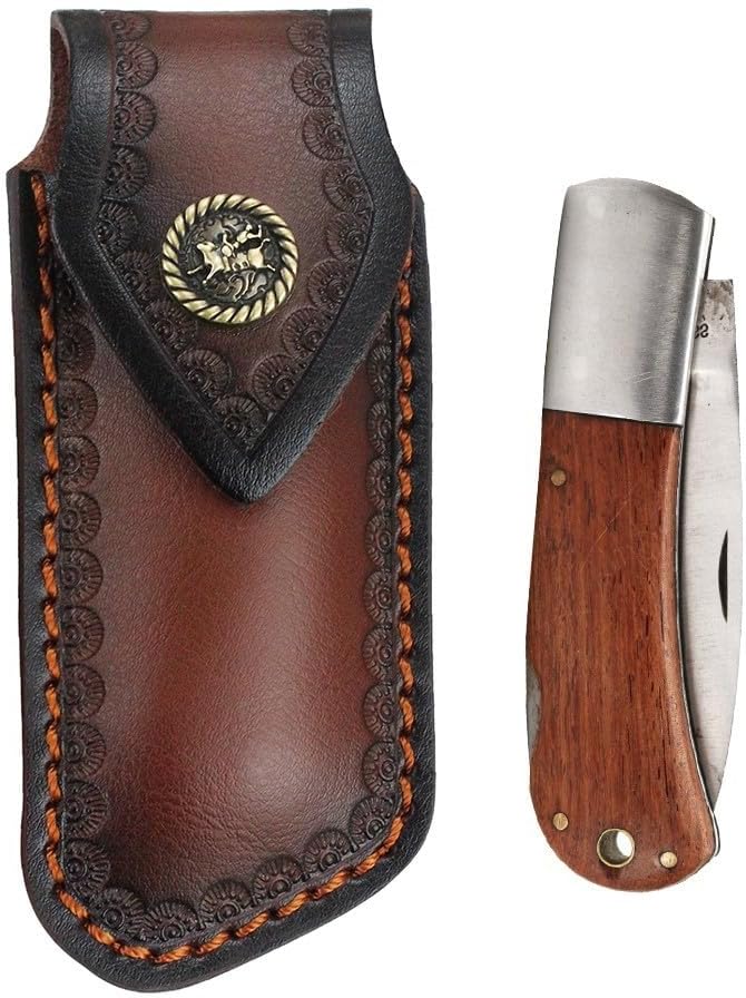 DONGKER Pocket Knife Sheath,Leather Folding Knife Holster with Belt Hanging Hole & Snap Closure for Men Women Hunting Exploration(Not Include Knife)