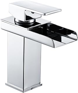 Basin Taps Waterfall Bathroom Sink Taps Modern Sqaure Basin Mixer Tap, Mono Single Lever Bathroom Mixer Tap 1 Hole Hot and Cold Cloakroom Tap, Stainless Steel, Chrome