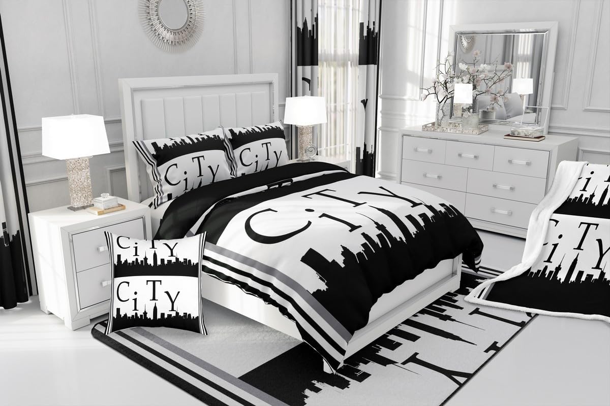 jejeloiu City Themed Duvet Cover for Kids Boys Girls Toddler Size Modern Fashion Bedding Set Ultra Soft SimpleComforter Cover Set City Silhouette Bedspread Cover Room Decor,No Comforter