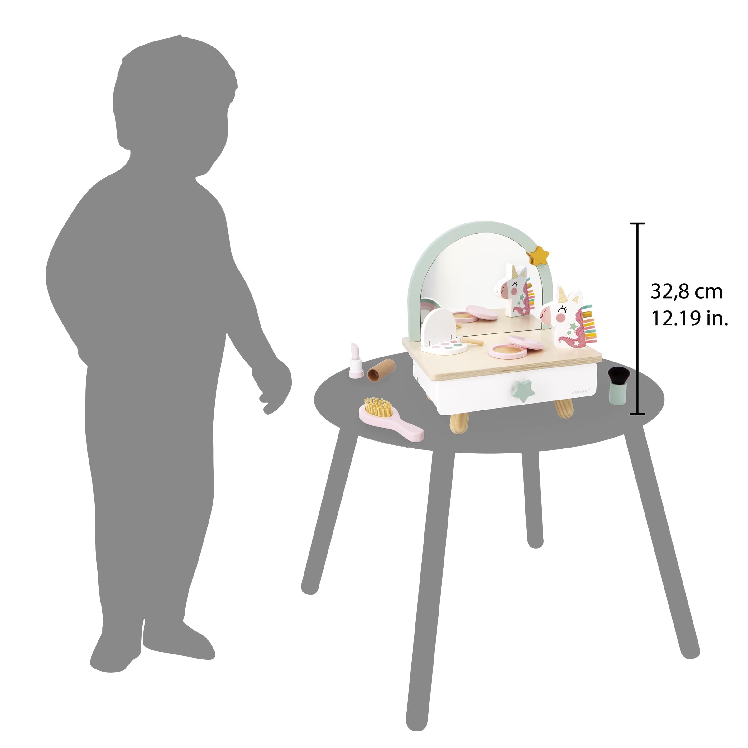 Janod - Drewniana toaletka kosmetyczna dla dzieci na stole - szuflada, lustro i 7 akcesoriów - motyw jednorożca - wysokość 33 cm - atrapa makijażu - od 3 lat - J06463