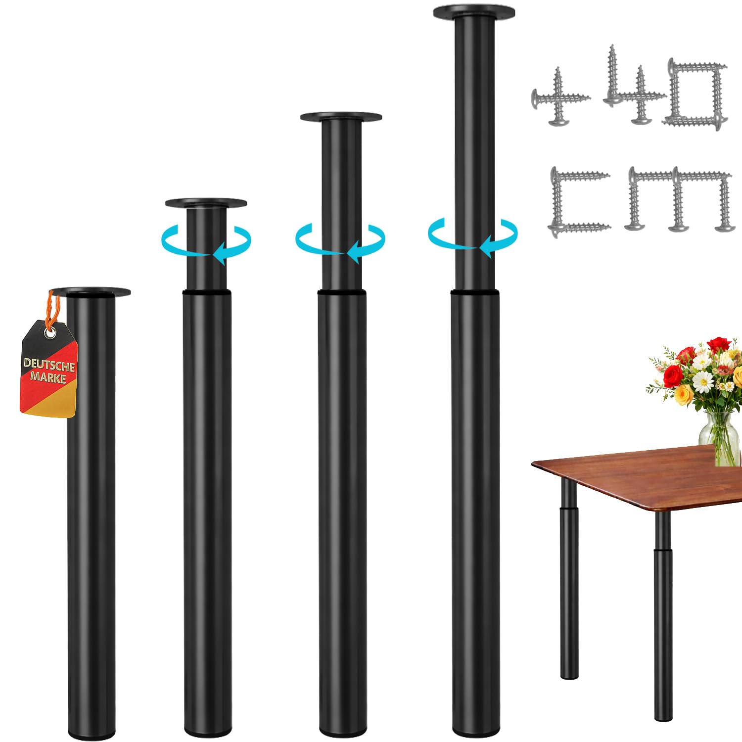 Stahlia höhenverstellbare Tischbeine 70–110 cm, Ø60 mm, stufenlos verstellbar 2er Set aus Metall – SCHWARZ MATT,Tischfüße für Esstisch & Schreibtisch Schrauben & Bodenschutz