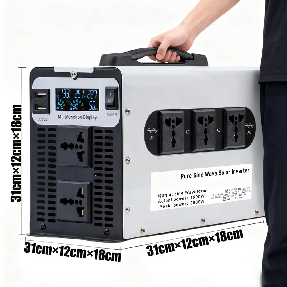 1500 Watt Pure Sine Wave Inverter 12V/24V/48V/60V/72V DC A 110V 220V AC Convertitore Picco 3000W con 5 Uscite AC per RV, Camion, Solare, off-Grid, Inverter di Potenza