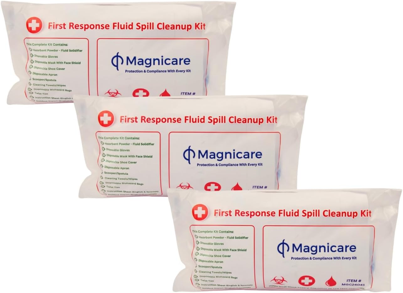 First Response Spill Kit - Be OSHA Compliant | Bloodborne Pathogen & Vomit Cleanup Kit: Comprehensive Spill Response for Bodily Fluids, Ideal for Schools, Restaurants, clinics (3 Pack)